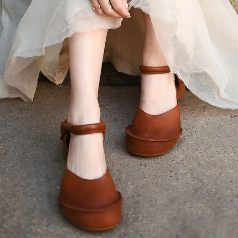 Retro Soft Leather Ankle Strappy Sandals  Handmade Closed Toe in Brown/Black