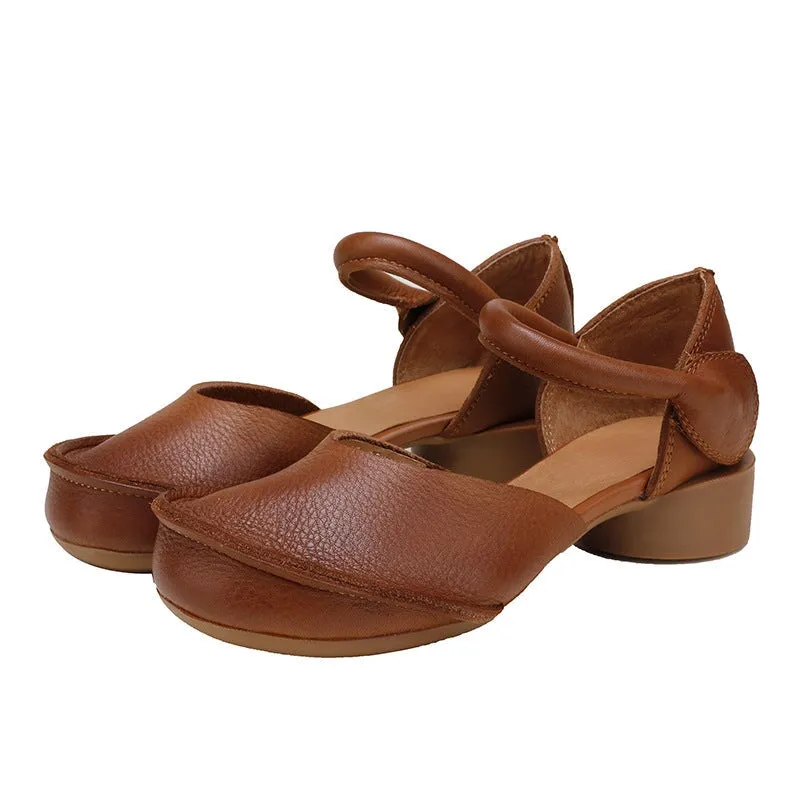 Retro Soft Leather Ankle Strappy Sandals  Handmade Closed Toe in Brown/Black