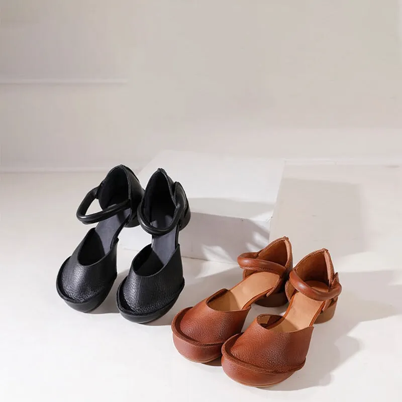 Retro Soft Leather Ankle Strappy Sandals  Handmade Closed Toe in Brown/Black