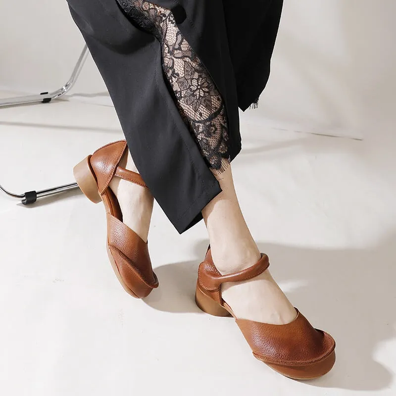 Retro Soft Leather Ankle Strappy Sandals  Handmade Closed Toe in Brown/Black