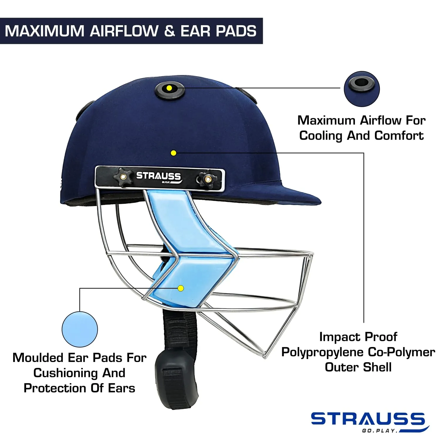 Strauss Cricket Helmet for Club Players| Lightweight Protective Headgear for Batting and Fielding | Standard Youth Helmet for Cricket Matches and Practice | Boys Size 8-10, (Blue)