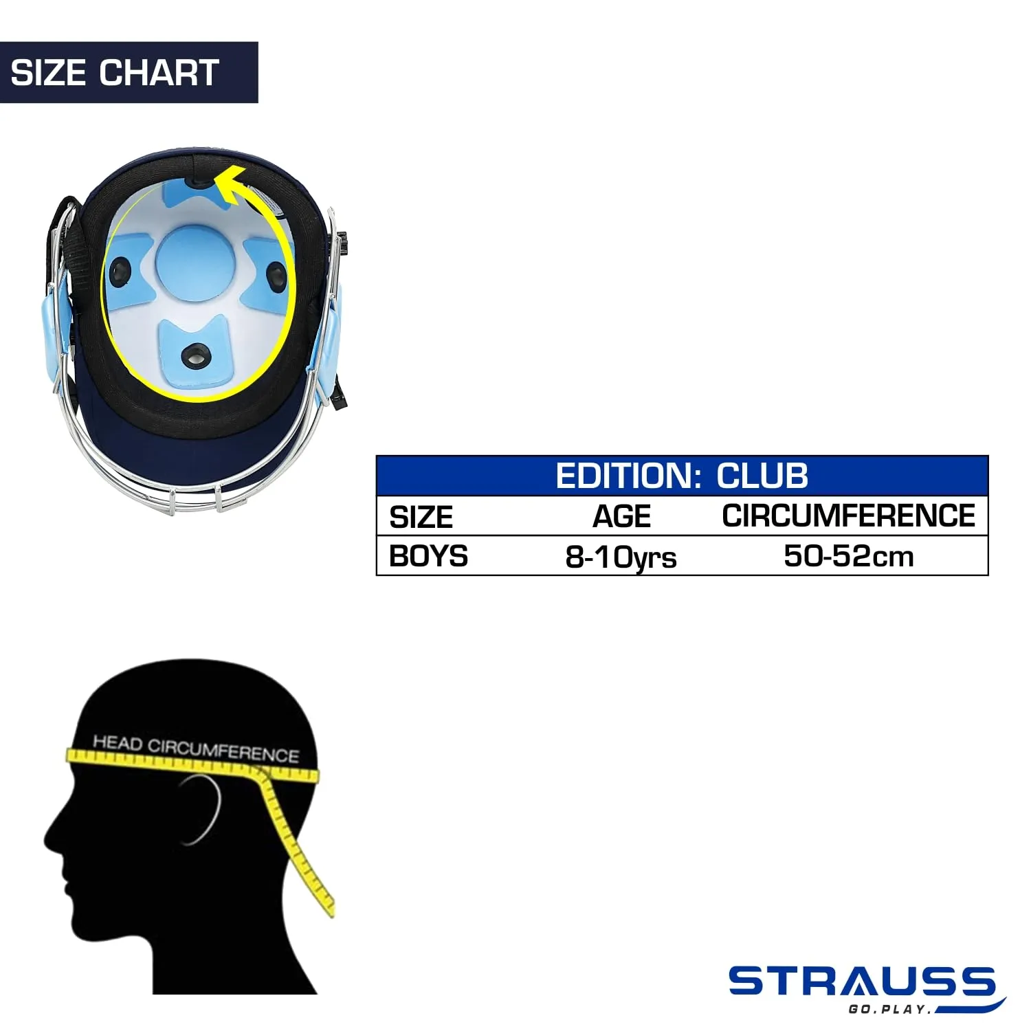 Strauss Cricket Helmet for Club Players| Lightweight Protective Headgear for Batting and Fielding | Standard Youth Helmet for Cricket Matches and Practice | Boys Size 8-10, (Blue)