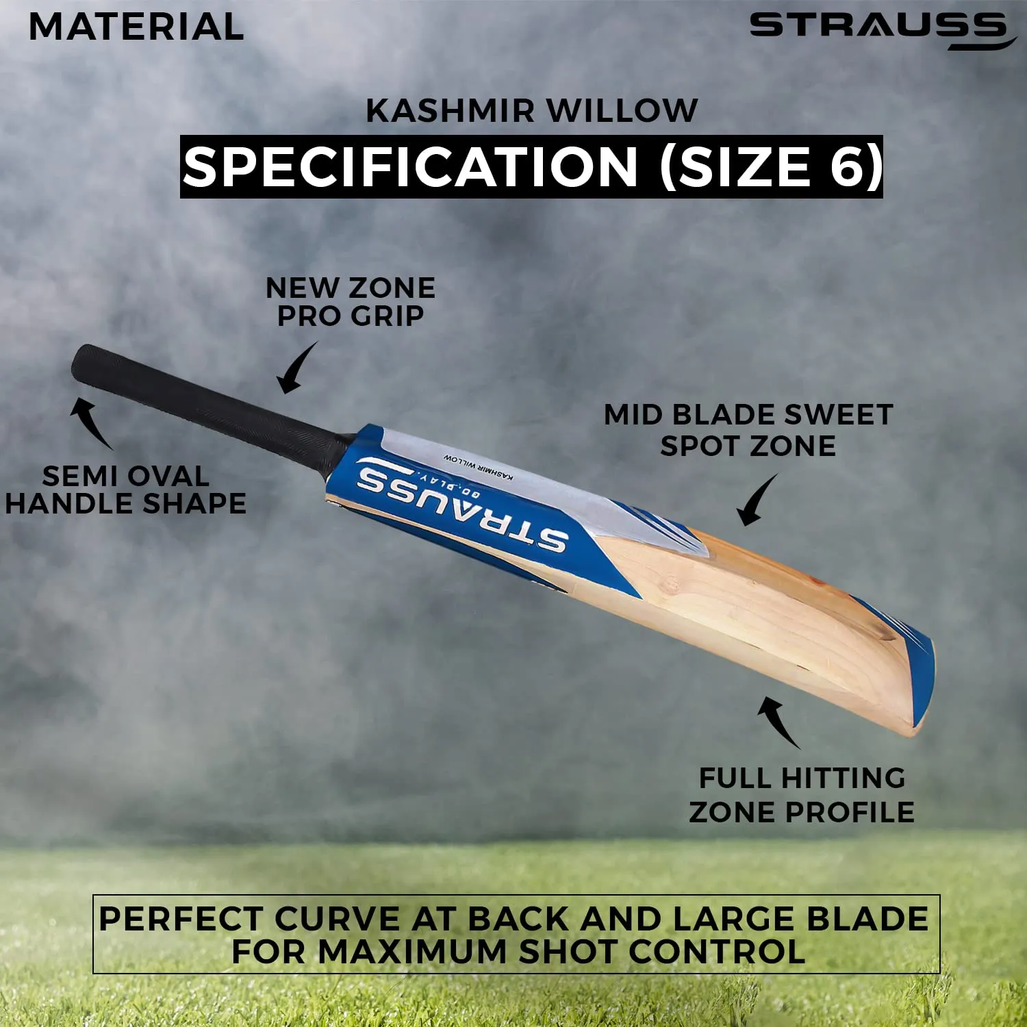 Strauss Super Kashmir Willow Cricket Bat, (Size 6) Blue Sticker